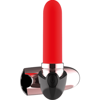 Vibratorns uppladdningsbara läppstift är en röd och svart elektrisk ansiktshårstrimmer formad som läppstift, med en keps och tillverkad med en vattentålig design för hållbarhet.