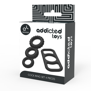 Addicted Toys Cockring Set 4-pack innehåller fyra svarta silikoncockrings, som visas på produktförpackningen.