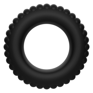 Ett set med fyra svarta cockrings från Addicted Toys, med texturerade, skulpterade kanter och lekfull design, på en vit bakgrund.