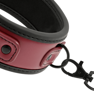 Ett neoprenhalsband med rött exteriör, svart insida och karbinhake.