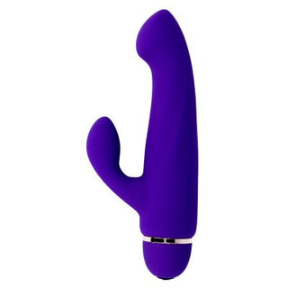 Boral Mini Rabbit Intense är en lila vibrator gjord av vattentät silikon, med ett huvudskaft och ett mindre böjt fäste för dubbel stimulering.