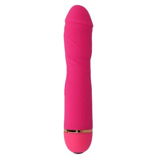 Intense Airon Vibrator är en rosa, cylindrisk massageapparat gjord av medicinskt silikon med en slät struktur och ett guldband nära basen. Designad för G-punktsprecision, erbjuder den flera vibrationslägen för skräddarsydd njutning mot en orörd vit bakgrund.