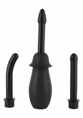 Anal Dusch Kit - Intim Till Rumpan innehåller tre svarta silikonmunstycken med olika former och texturer för en grundlig intim rengöringsupplevelse.