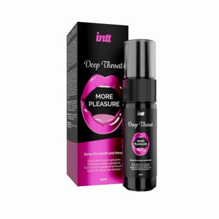 Intt Deep Throat Spray Mint 12 ml kommer i en flaska och låda med en rosa läppdesign, som erbjuder en uppfriskande mintsmak för förbättrad oral avslappning.