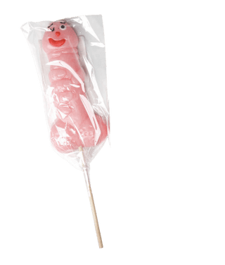Snopp Godis Klubba 140 G: En unikt formad, rosa klubba inlindad i klar plast på en pinne, ställd mot en vit bakgrund. Perfekt som en humoristisk present eller för fans av rolig godis.
