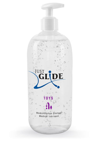 En genomskinlig flaska Just Glide Toys Glidmedel medicinskt glidmedel med pump är märkt för sexleksaker och kompatibel med latexkondomer, visad på vit bakgrund.
