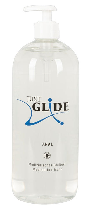 En klar flaska Just Glide Anal Glidmedel levereras med en pumpdispenser, idealisk för exakt användning. Detta vattenbaserade smörjmedel säkerställer en mjuk, skonsam upplevelse.