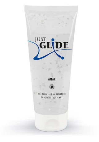 En klar tub av Just Glide Anal Glidmedel, ett vattenbaserat glidmedel designat för optimal komfort och lätthet.