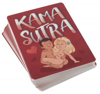 En röd bunt kort visar ett tecknat par i en lekfull pose, perfekt för det udda Kortspel - Kama Sutra.
