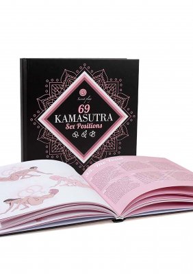 Två böcker: "69 Kamasutra Sexställning Bok" med dekorativt omslag och en öppen sexbok med illustrationer och text.