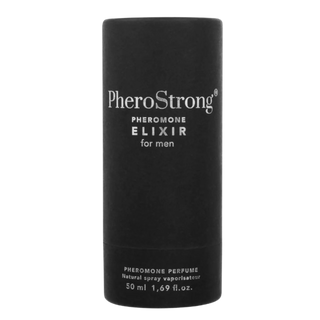 Svart cylindrisk parfymflaska med etikett med texten Feromonparfym Elixir Man 50ml, tillverkad av matt material.