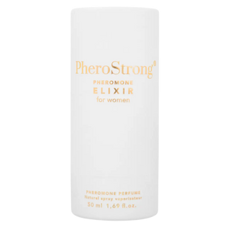 Vit cylinderformad flaska med etiketten Feromonparfym Elixir Women 50ml, enkel design i plast eller glas.