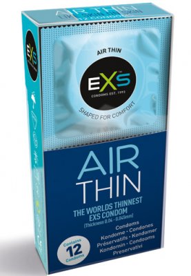 Box of EXS - Air Thin 12 st - Kondomer, världens tunnaste kondomer, erbjuder en känsla som liknar att ha på sig ingenting för en oöverträffad upplevelse.