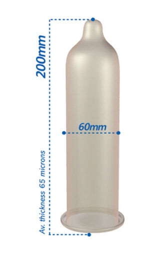 Illustration av en Pasante - King Size kondom med dimensioner: 200 mm längd, 60 mm bredd och 65 mikron tjocklek. Dessa extra långa och breda kondomer erbjuder ökad komfort och säkerhet. Finns i en förpackning om 12 st Kondomer.