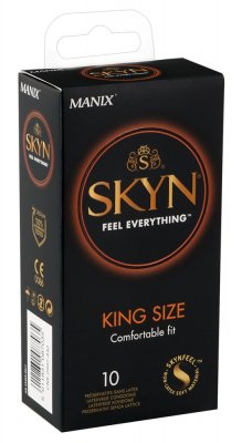 En svart låda med Skyn King Size-kondomer, gjorda av polyisopren för komfort, innehåller 10 latexfria kondomer.