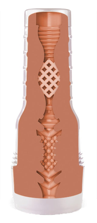 Tvärsnittet av den texturerade Fleshlight - Autumn Falls Cream avslöjar intrikata mönster och nyanser som påminner om höstens rikedom.
