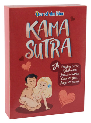 Kortspel - Kama Sutra" är en låda med spelkort med ett tecknat par och hjärtan på en röd bakgrund, perfekt för att tillföra spänning till din kortlek.