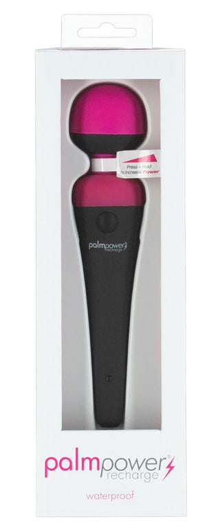 Palm Power Kraftfull Wand, en rosa och svart handhållen massageapparat med PalmPower-märke, ger lugnande lättnad. Dess laddningsbara stavdesign säkerställer användarvänlighet och lovar kraftfull prestanda i en kompakt form.