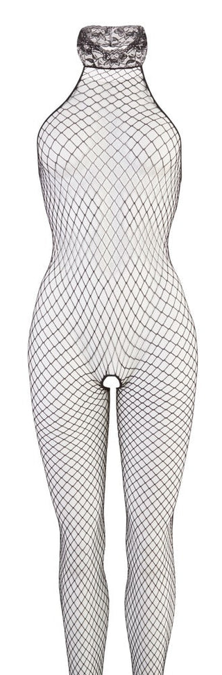 En skyltdocka visar Net Catsuit, en passande svart bodysuit med en hög krage, elegant rutad över formen mot en vanlig vit bakgrund.