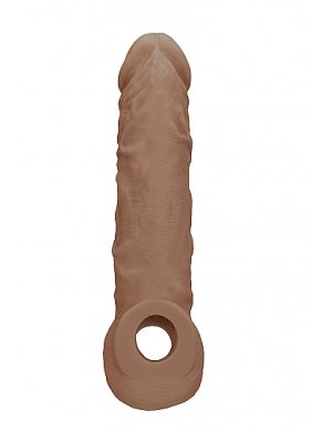 Penis Sleeve 20 cm är brun med en strukturerad design, gjord av kroppsäkert TPE, och har en rundad spets med en öppen cirkulär bas.