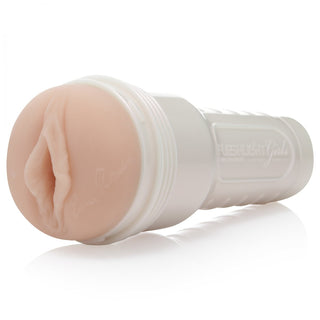En cylindrisk, köttfärgad sexleksak med ett texturerat vitt handtag ger en realistisk känsla som liknar Lana Rhoades Fleshlight.