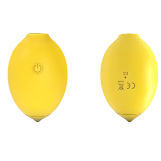 Yellow Citron Lemon Luftvibrator, oval, slätt material, med strömbrytare och certifieringssymboler på vardera sidan.