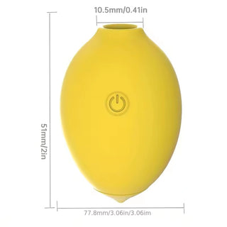 Gul ovalformad Citron Lemon Luftvibrator i silikon med en kraftsymbol på ytan. Storleken visas i tum och millimeter.