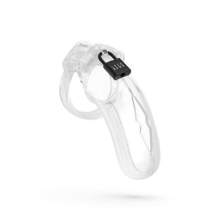 Lockdown Chastity Cage Clear - Large, med ett litet svart lås, är perfekt för att förbättra din BDSM bondage-upplevelse.