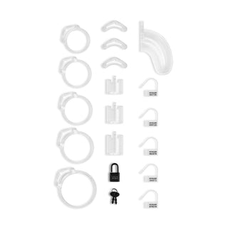 Lockdown Chastity Cage Clear - Large är en transparent plastenhet gjord för en autentisk BDSM-upplevelse, med ringar, lås, nycklar och distanser för att förbättra din bondage-utforskning.