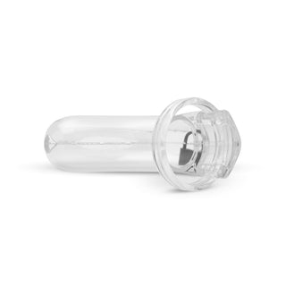 Transparent Lockdown Chastity Cage Clear - Stor, perfekt för en unik bondage-upplevelse, isolerad på en vit bakgrund.