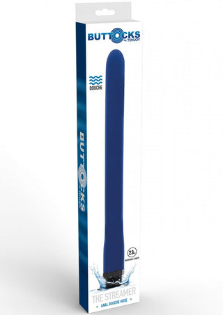 Streamer Anal Douche 23cm har en blå slang designad för enkel användning, med vattenvågsgrafik som förbättrar optimal hygien i din personliga vårdrutin. Förpackningar framhäver dess användarvänliga design.