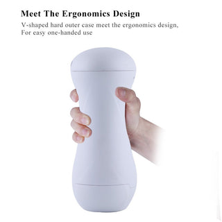 En hand presenterar den vita, V-formade ergonomiska flaskan av Tillbehör Till Hismith Sexmaskin - Vagina mot en enkel bakgrund, vilket framhäver dess eleganta elegans och funktionalitet.