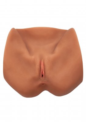 Stroke It Stor Lösvagina, en silikonprotes av mänskliga skinkor och genitalier gjord med Pure Skin-material för realistisk design, vilar på en vit bakgrund.