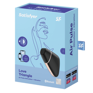 Boxen Blue Satisfyer Love Triangle framhäver lufttrycksvibratorns innovativa design med en slående produktbild och funktioner som Bluetooth och appkompatibilitet.