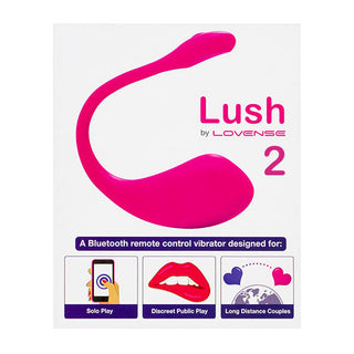 Lovense Lush 2 - Appstyrd Vibrator, en rosa modell, visar användningsillustrationer på förpackningen.