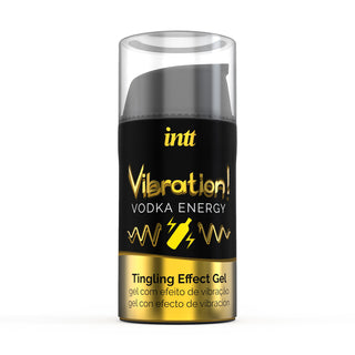 Intt Vibration Orgasmgel kommer i en elegant flaska med en djärv svart och gulddesign, med en slående blixtikon. Den innehåller "Tingling Effect Gel" på engelska, spanska och portugisiska, som utlovar en uppiggande pirrandeeffekt.