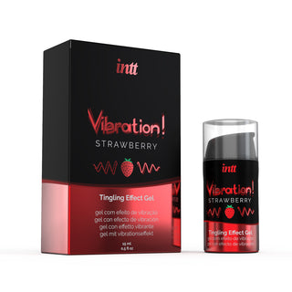 Intt Vibration Orgasmgel har en elegant svart design med livfulla röda accenter, som visar upp en jordgubbsgrafik och vågmönster. Förpackningen framhäver dess 15 ml-storlek, vilket framhäver dess spännande pirrande-effekt.