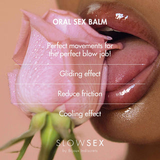 Närbild av läppar som rör vid en ros med text om Bijoux Indiscrets - Slowsex Oralsex 10 ml fördelar, ger en kylande effekt och minskar friktionen.