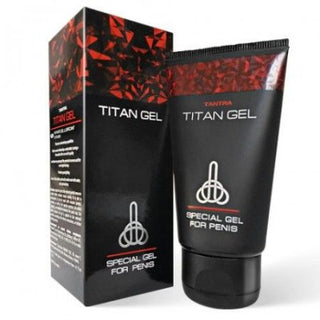 En 50 ml tub med Titan Gel, komplett med dess låda, är framhävd som en speciell gel för män med potenta ingredienser.