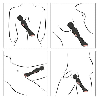 Illustration av en Warming Magic Wand, en vattentät handhållen massageapparat, som används på rygg, bröst, lår och mage i fyra separata paneler.