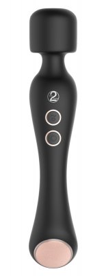 Warming Magic Wand är en svart handhållen massageapparat med två cirkulära knappar och en rundad topp, perfekt för att förbättra avslappning i alla miljöer.