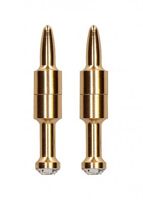 Mot en vit bakgrund framkallar två guldfärgade, cylindriska metallkontakter med spetsiga spetsar elegansen hos Magnetiska Nipple Clamps, vilket förstärker deras lyxkänsla.