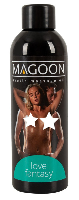 Flaska Erotic Massage Oil Love Fantasy 100ml, med ett par på etiketten, med romantisk doft och långvarig glideffekt.