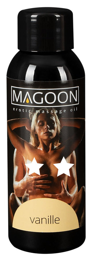 En svart flaska Erotic Massage Oil Vanilla, designad för att förstärka sensuella upplevelser, har en illustrerad etikett.