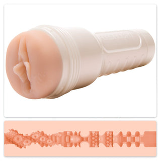 Det vita cylindriska föremålet, Fleshlight - Mia Malkova, har ett detaljerat inre mönster som påminner om en populär Fleshlight.