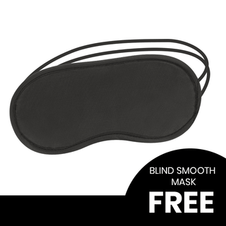 Svart sovmask med justerbara remmar läser "Harness - Dubbel Strap-On Med Vibrationer" i fet vit text.