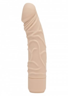 The Vibrator - Get Real - 20 cm Classic, en vuxenleksak i beige, texturerad silikon, står vertikalt på en vit bakgrund, perfekt att para ihop med ditt favoritvattenbaserat glidmedel.