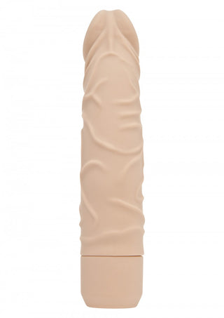 Get Real 20 cm Classic vibratorn är tillverkad av beige silikon med en ådrad struktur som står upprätt på en vit bakgrund.