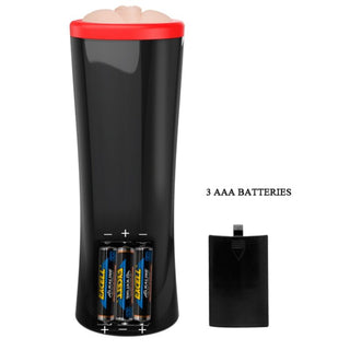 Den eleganta svarta Pretty Love Ozzy, ficklampsformade enheten, visar upp sin innovativa design. Med locket borttaget kan du se det öppna batterifacket redo att drivas av tre AAA-batterier placerade bredvid.