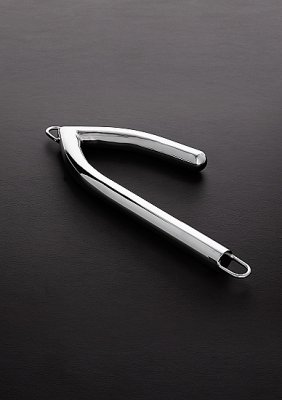 Metall Analkrok - 33 cm, ett elegant silverformat armbensformat föremål, glänser subtilt mot den mörka bakgrunden och liknar en elegant bondageutrustning.